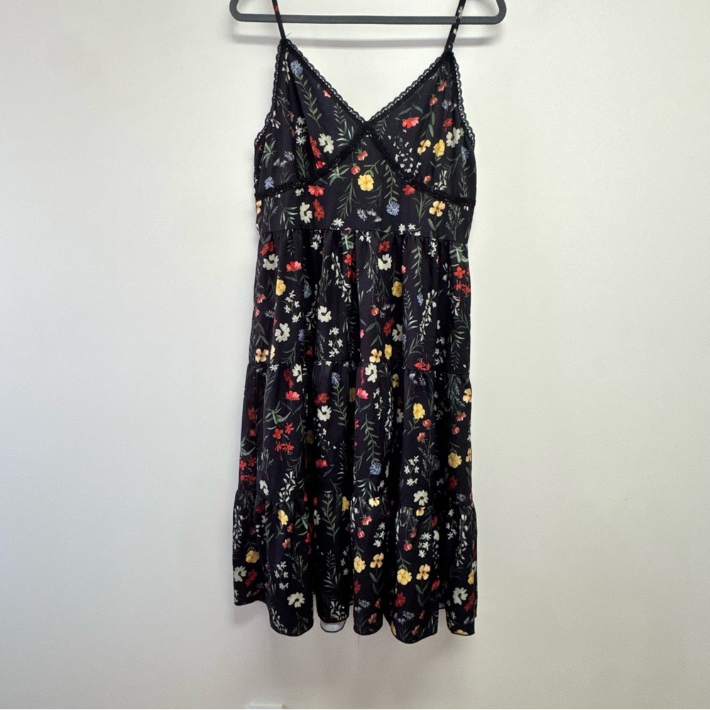ROMWE Black Floral Midi Slip Dress with Red, Yellow & White Flowers Size L